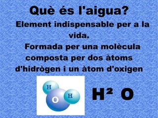 Què és l'aigua? Element indispensable per a la vida. Formada per una molècula composta per dos àtoms d'hidrògen i un àtom d'oxigen H ² O 