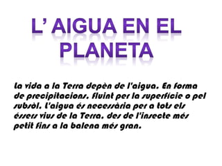 La vida a la Terra depèn de l'aigua. En forma
de precipitacions, fluint per la superfície o pel
subsòl, L'aigua és necessària per a tots els
éssers vius de la Terra, des de l'insecte més
petit fins a la balena més gran.
 