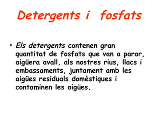 Detergents i  fosfats 

• Els detergents contenen gran
  quantitat de fosfats que van a parar,
  aigüera avall, als nostres rius, llacs i
  embassaments, juntament amb les
  aigües residuals domèstiques i
  contaminen les aigües.
 