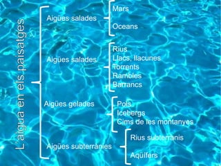 Aigües salades
Aigües salades
Aigües gelades
Aigües subterrànies
Mars
Oceans
Rius
Llacs, llacunes
Torrents
Rambles
Barrancs
Pols
Icebergs
Cims de les montanyes
Rius subterranis
Aqüífers
 