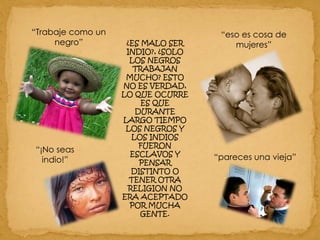 “Trabaje como un negro”“eso es cosa de mujeres”¿ES MALO SER INDIO?, ¿SOLO LOS NEGROS TRABAJAN MUCHO? ESTO NO ES VERDAD, LO QUE OCURRE ES QUE DURANTE LARGO TIEMPO LOS NEGROS Y LOS INDIOS FUERON ESCLAVOS Y PENSAR DISTINTO O TENER OTRA RELIGION NO ERA ACEPTADO POR MUCHA GENTE. “¡No seas indio!”“pareces una vieja”
