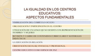 LA IGUALDAD EN LOS CENTROS
EDUCATIVOS:
ASPECTOS FUNDAMENTALES
VISIBILIZACIÓN DEL CURRÍCULO OCULTO
ORGANIZACIÓN Y PARTICIPACIÓN EN EL CENTRO
UTILIZACIÓN DE UN LENGUAJE NO SEXISTA CON REPRESENTACIÓN DE
HOMBRES Y MUJERES
REVISIÓN Y CAMBIO DE CONTENIDOS CURRICULARES Y MATERIALES
DIDÁCTICOS
LA EDUCACIÓN EN RELACIÓN
ORIENTACIÓN ESCOLAR, VIVENCIAL Y PROFESIONAL
CENTRO EDUCATIVO COMO ESPACIO DE PAZ
 