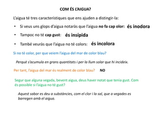 COM ÉS L’AIGUA?
L’aigua té tres característiques que ens ajuden a distingir-la:
• Si veus uns glops d’aigua notaràs que l’aigua no fa cap olor: és inodora
• Tampoc no té cap gust: és insípida
• També veuràs que l’aigua no té colors: és incolora
Si no té color, per que veiem l’aigua del mar de color blau?
Perquè s’acumula en grans quantitats i per la llum solar que hi incideix.
Per tant, l’aigua del mar és realment de color blau? NO
Segur que alguna vegada, bevent aigua, deus haver notat que tenia gust. Com
és possible si l’aigua no té gust?
Aquest sabor es deu a substàncies, com el clor i la sal, que a vegades es
barregen amb el aigua.
 