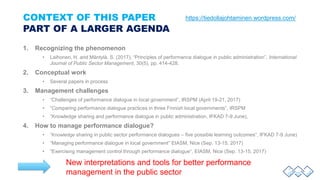 CONTEXT OF THIS PAPER
PART OF A LARGER AGENDA
1. Recognizing the phenomenon
• Laihonen, H. and Mäntylä, S. (2017), “Principles of performance dialogue in public administration”, International
Journal of Public Sector Management, 30(5), pp. 414-428.
2. Conceptual work
• Several papers in process
3. Management challenges
• “Challenges of performance dialogue in local government”, IRSPM (April 19-21, 2017)
• “Comparing performance dialogue practices in three Finnish local governments”, IRSPM
• ”Knowledge sharing and performance dialogue in public administration, IFKAD 7-9 June),
4. How to manage performance dialogue?
• ”Knowledge sharing in public sector performance dialogues – five possible learning outcomes”, IFKAD 7-9 June)
• ”Managing performance dialogue in local government” EIASM, Nice (Sep. 13-15, 2017)
• “Exercising management control through performance dialogue”, EIASM, Nice (Sep. 13-15, 2017)
New interpretations and tools for better performance
management in the public sector
https://tiedollajohtaminen.wordpress.com/
 