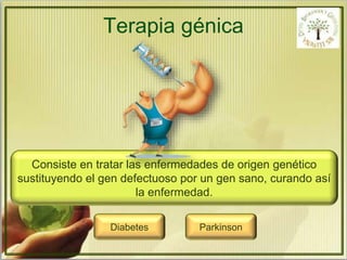 Terapia génica 
Consiste en tratar las enfermedades de origen genético 
sustituyendo el gen defectuoso por un gen sano, curando así 
la enfermedad. 
Diabetes Parkinson 
 