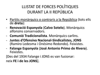 LLISTAT DE FORCES POLÍTIQUES
             DURANT LA II REPÚBLICA
• Partits monàrquics o contraris a la República (tots ells
  de dreta):
- Renovació Espanyola (Calvo Sotelo). Monàrquics
  alfonsins conservadors.
- Comunió Tradicionalista. Monàrquics carlins.
- Juntes d’Ofensiva Nacional-Sindicalistes, JONS
  (Ramiro Ledesma i Onésimo Redondo). Feixistes.
- Falange Espanyola (José Antonio Primo de Rivera).
  Feixistes.
[Des del 1934 Falange i JONS es van fusionar:
neix FE i de les JONS].
 