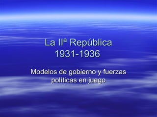 La IIª República
      1931-1936
Modelos de gobierno y fuerzas
     políticas en juego
 
