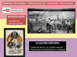 PRIMERAS REFORMAS Y PROBLEMAS DEL GOBIERNO PROVISIONAL
AGITACIÓN SOCIAL
-- ANARQUISTAS
-- HUELGA GENERAL
LA CUESTIÓN TERRITORIAL
-- FRANCESC MACIÁ Y EL ESTADO CATALÁN
-- PROYECTOS DE ESTATUTOS DE AUTONOMÍA
ANARQUISMO
 