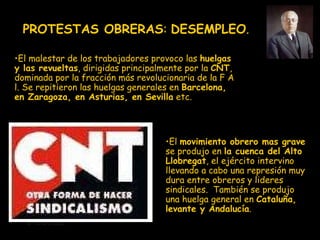 PROTESTAS OBRERAS :  DESEMPLEO . El malestar de los trabajadores provoco las  huelgas y las revueltas , dirigidas principalmente por la  CNT , dominada por la fracción más revolucionaria de la F A l. Se repitieron las huelgas generales en  Barcelona, en Zaragoza, en Asturias, en Sevilla  etc. El  movimiento obrero mas grave  se produjo en  la cuenca del Alto Llobregat , el ejército intervino llevando a cabo una represión muy dura entre obreros y lideres sindicales.  También se produjo una huelga general en  Cataluña, levante y Andalucía . 
