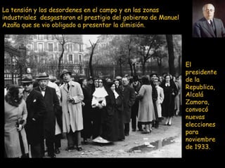 La tensión y los desordenes en el campo y en las zonas industriales  desgastaron el prestigio del gobierno de Manuel Azaña que se vio obligado a presentar la dimisión.  El presidente de la Republica, Alcalá Zamora, convocó nuevas elecciones para noviembre de 1933. 