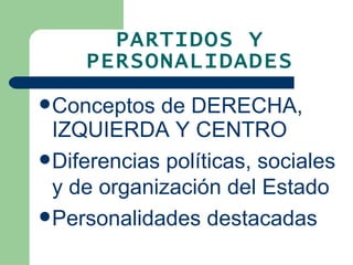 PARTIDOS Y PERSONALIDADES Conceptos de DERECHA, IZQUIERDA Y CENTRO Diferencias políticas, sociales y de organización del Estado Personalidades destacadas