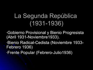 La Segunda RepúblicaLa Segunda República
(1931-1936)(1931-1936)
-Gobierno Provisional y Bienio ProgresistaGobierno Provisional y Bienio Progresista
(Abril 1931-Noviembre1933).(Abril 1931-Noviembre1933).
-Bienio Radical-Cedista (Noviembre 1933-Bienio Radical-Cedista (Noviembre 1933-
Febrero 1936)Febrero 1936)
-Frente Popular (Febrero-Julio1936)Frente Popular (Febrero-Julio1936)
 