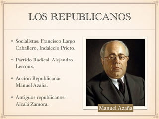 LOS REPUBLICANOS
Socialistas: Francisco Largo
Caballero, Indalecio Prieto.
Partido Radical: Alejandro
Lerroux.
Acción Republicana:
Manuel Azaña.
Antiguos republicanos:
Alcalá Zamora.
Manuel Azaña
 