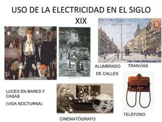 USO DE LA ELECTRICIDAD EN EL SIGLO XIX ALUMBRADO DE CALLES TRANVÍAS LUCES EN BARES Y CASAS (VIDA NOCTURNA) CINEMATÓGRAFO TELÉFONO 