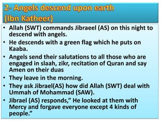 • Allah (SWT) commands Jibraeel (AS) on this night to
descend with angels.
• He descends with a green flag which he puts on
Kaaba.
• Angels send their salutations to all those who are
engaged in slaah, zikr, recitation of Quran and say
Amen on their duas
• They leave in the morning.
• They ask Jibrael(AS) how did Allah (SWT) deal with
Ummah of Mohammad (SAW).
• Jibrael (AS) responds,” He looked at them with
Mercy and forgave everyone except 4 kinds of
people.”
 