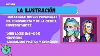 * Inglaterra: nuevos paradigmas
del conocimiento y de la ciencia.
Representantes:
*John Locke (1631-1704)
-Empirismo
-Liberalismo político y económico
HISTORIA
LA ILUSTRACIÓN
LA ILUSTRACIÓN
LA ILUSTRACIÓN
 