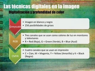 Las técnicas digitales en la imagen
  Digitalización y profundidad de color

            • Imagen en blanco y negro
  Greyscale • 256 posibilidades de grises

             • Tres canales que se usan como colores de luz en monitores
               y televisores
    RGB      • R = Red (Rojo), G = Green (Verde), B = Blue (Azul)


             • Cuatro canales que se usan en impresión
             • C = Cian, M = Magenta, Y = Yellow (Amarillo) y K = Black
   CMYK        (Negro)
 