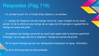 Respostes (Pàg.119) 
1. Si, perquè es pot fer a través d’una càmera o un escàner. 
2. L' imatge de l’esquerra és una imatge vectorial i quan s’amplia no es veuen 
píxels i la de la dreta és una imatge de un mapa de bits perquè si augmentem la 
imatge es veuen els píxel. 
3. Si ampliem una imatge vectorial es veurà més ample amb la mateixa quantitat 
d’imatge i en el mapa de bits si ampliem l’ imatge es veuran els píxels. 
4. Es un tipus d’imatge que pot ser manipulada mitjançant un equip informàtic. 
5. La de la dreta perquè no esta pixelada. 
 