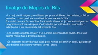 Imatge de Mapes de Bits 
- La majoria d’imatges que utilitzem per posar al llibres i les revistes, publicar 
en webs o crear productes multimèdia són mapes de bits. 
És veritat que ara és complicat fer aquesta afirmació, ja que les imatges per 
programes vectorials després són tractades per millorar-les, retocar-les o 
adaptar-les a les necessitats del producte final 
- Les imatges digitals consten d’un nombre determinat de píxels, des d’uns 
quants milers fins a diversos milions. 
- És important assenyalar que cada píxel només pot tenir un color, que pot ser 
uns mescles dels colors vermells, verds i blaus. 
 