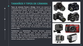 TAMAÑOS Y TIPOS DE CÁMARA
19
Tipos de cámaras Puente o Bridge. Serían una especie de
compactas con esteroides, es decir tiene un cuerpo más grande
y aparentemente robusto. Al ser de mayor tamaño, incorporan
objetivos zoom de gran alcance. Y algunas tienen visor
incorporado. Muchos las llaman «superzoom» o también cámara
para todo, una opción para aquellas personas que quieren una
cámara para todos los usos o viajes. Aunque como se impone la
lógica de las ópticas, cuanto más largas sean las distancias
focales, más va en detrimento de la calidad de imagen. Lo del
nombre de puente o bridge, no sabemos por qué se lo dieron,
porque es un sistema cerrado, no se pueden cambiar los
objetivos, al igual que el resto de compactas, con lo que no
están a medio camino de nada. Tal vez porque en forma algunas
parecen réflex.
Todoterreno y ActionCams. También llamadas cámaras
deportivas, están pensadas para su uso en condiciones
extremas: bajo el agua, esquiando, surfeando, escalando, en
paracaidas, etc. Son pequeñas, fáciles de usar y resistentes.
Algunas de ellas son muy recomendadas para los niños, pues
resisten caídas, golpes y salpicaduras.
 