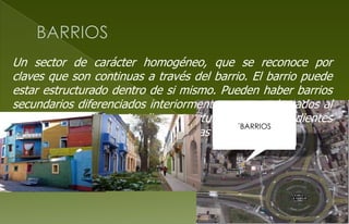 ´BARRIOS
Un sector de carácter homogéneo, que se reconoce por
claves que son continuas a través del barrio. El barrio puede
estar estructurado dentro de si mismo. Pueden haber barrios
secundarios diferenciados interiormente aunque adaptados al
conjunto; nodos que irradian estructura mediante gradientes
u otras sugestiones; pautas de sendas internas.
 