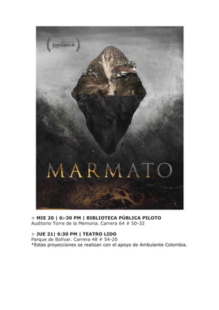 > MIE 20 | 6:·30 PM | BIBLIOTECA PÚBLICA PILOTO
Auditorio Torre de la Memoria. Carrera 64 # 50-32
> JUE 21| 6:30 PM | TEAT...