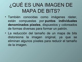 ¿QUÉ ES UNA IMAGEN DE
      MAPA DE BITS?
• También conocidas como imágenes ráster,
  están compuestas por puntos individuales
  denominados píxeles, dispuestos y coloreados
  de formas diversas para formar un patrón.
• La reducción del tamaño de un mapa de bits
  distorsiona la imagen original, ya que se
  eliminan algunos píxeles para reducir el tamaño
  de la imagen.
 