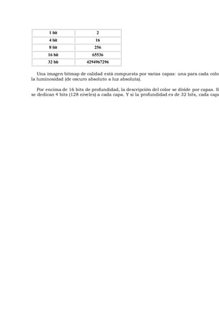 1 bit 2
4 bit 16
8 bit 256
16 bit 65536
32 bit 4294967296
Una imagen bitmap de calidad está compuesta por varias capas: una para cada color
la luminosidad (de oscuro absoluto a luz absoluta).
Por encima de 16 bits de profundidad, la descripción del color se divide por capas. Si
se dedican 4 bits (128 niveles) a cada capa. Y si la profundidad es de 32 bits, cada capa
 