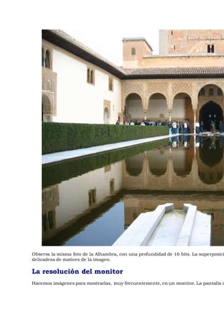 Observa la misma foto de la Alhambra, con una profundidad de 16 bits. La superposici
delicadeza de matices de la imagen.
La resolución del monitor
Hacemos imágenes para mostrarlas, muy frecuentemente, en un monitor. La pantalla d
 