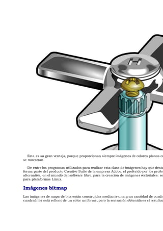 Esta es su gran ventaja, porque proporcionan siempre imágenes de colores planos co
se muestran.
De entre los programas utilizados para realizar esta clase de imágenes hay que desta
forma parte del producto Creative Suite de la empresa Adobe, el preferido por los profes
alternativa, en el mundo del software libre, para la creación de imágenes vectoriales: se
para plataformas Linux.
Imágenes bitmap
Las imágenes de mapa de bits están construidas mediante una gran cantidad de cuadra
cuadraditos está relleno de un color uniforme, pero la sensación obtenida es el resultad
 