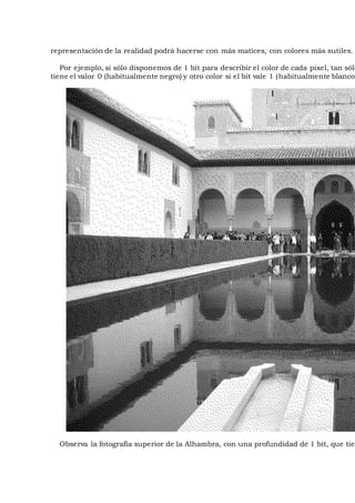 representación de la realidad podrá hacerse con más matices, con colores más sutiles.
Por ejemplo, si sólo disponemos de 1 bit para describir el color de cada pixel, tan sólo
tiene el valor 0 (habitualmente negro) y otro color si el bit vale 1 (habitualmente blanco)
Observa la fotografía superior de la Alhambra, con una profundidad de 1 bit, que tien
 