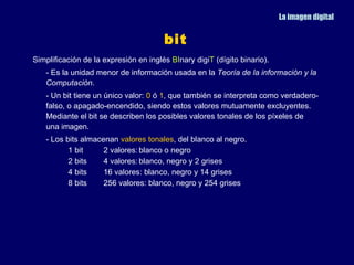 La imagen digital


                                       bit
Simplificación de la expresión en inglés BInary digiT (dígito binario).
   - Es la unidad menor de información usada en la Teoría de la información y la
   Computación.
   - Un bit tiene un único valor: 0 ó 1, que también se interpreta como verdadero-
   falso, o apagado-encendido, siendo estos valores mutuamente excluyentes.
   Mediante el bit se describen los posibles valores tonales de los píxeles de
   una imagen.
   - Los bits almacenan valores tonales, del blanco al negro.
          1 bit     2 valores: blanco o negro
          2 bits    4 valores: blanco, negro y 2 grises
          4 bits    16 valores: blanco, negro y 14 grises
          8 bits    256 valores: blanco, negro y 254 grises
 