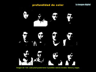 profundidad de color                                    La imagen digital




Imagen de 1 bit: cada pixel puede tener 2 posibles valores tonales: blanco y negro.
 