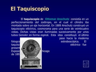 El  taquiscopio  de  consistía en un perfeccionamiento del zoótropo, en el cual el cilindro iba montado sobre un eje horizontal. En 1889 Anschutz construyó un taquiscopio eléctrico, cosmorama para una serie de veinticuatro vistas. Dichas vistas eran iluminadas sucesivamente por unos tubos Geissler en forma espiral.  Esta  idea  constituyó  el último  paso hacia la moderna fotografía  estroboscópica.  El  taquiscopio  eléctrico fue  presentado  en la  Exposición Universal de Chicago  de 1893. El Taquiscopio Ottomar Anschutz 