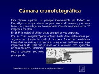 Cámara cronofotográfica Esta cámara suprimía  el principal inconveniente del Método de Muybridge: tener que alinear un gran número de cámaras, y además tenía una gran ventaja, era transportable. Con ella se podían tomar 12 imágenes por placa.  En 1887 la mejoró al utilizar cintas de papel en vez de placas. Con su “fusil fotográfico”podía obtener hasta doce instantáneas por segundo por ejemplo del vuelo de las aves. Así obtenía verdaderas fotografías en serie que proyectaba, aunque los resultados eran algo imprecisos.Desde 1888 hizo pruebas con el celuloide, esto significaba un paso adelante. Finalmente  llegó  a  conseguir  100  fotos  por segundo. WWW:web.inter.nl.net/users/anima/cronoph/marey/index 