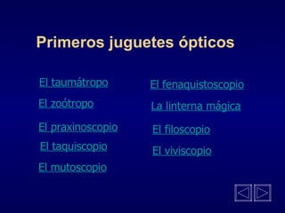 Primeros juguetes ópticos El taumátropo La linterna mágica El taquiscopio El mutoscopio El fenaquistoscopio El zoótropo El praxinoscopio El viviscopio El filoscopio 