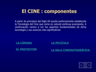 El CINE : componentes A partir de principios del Siglo XX queda perfectamente establecida la Tecnología del Cine que como es natural continua avanzando. A continuación vamos a ver los aspectos fundamentales de dicha tecnología y sus avances mas significativos EL PROYECTOR LA CÁMARA LA PELÍCULA LA SALA CINEMATOGRÁFICA 