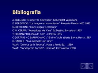 Bibliografía A. BELLIDO: “El cine y la Televisión”. Generalitat Valenciana E. BERGONDO: “La imagen en movimiento”. Proyecto Mentor MEC 1995 G.BIETTETINI: “Cine: lengua y escritura” C.W. CERAM: “Arqueología del Cine” Ed.Destino Barcelona 1965 T.CIRBIAN:”100 años de cine” . CINESA 1995 C.GORTARI y C BARBACHANO : “El cine” Aula abierta Salvat Barna 1985 G. SADOUL: “Las maravillas del cine” VVAA: “Crónica de la Técnica”. Plaza y Janés Ed.  1989 VVAA: “Enciclopedia Encarta”. Microsoft Corporation  2000    