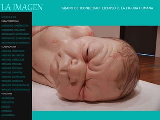 LA IMAGEN GRADO DE ICONICIDAD. EJEMPLO 2. LA FIGURA HUMANA
C O N C E P T O
CARACTERÍSTICAS
ICONICIDAD Y ABSTRACCIÓN
MONOSEMIA Y POLISEMIA
SIMPLICIDAD Y COMPLEJIDAD
DENOTACIÓN Y CONNOTACIÓN
ORIGINALIDAD Y REDUNDANCIA
CLASIFICACIÓN
IMÁGENES FIGURATIVAS
IMÁGENES ABSTRACTAS
IMÁGENES SIMBÓLICAS
IMÁGENES MENTALES
IMÁGENES ESTÁTICAS
IMÁGENES DINÁMICAS
IMÁGENES GEOMÉTRICAS
IMÁGENES ORGÁNICAS
IMÁGENES BIDIMENSIONALES
IMÁGENES TRIDIMENSIONALES
FUNCIONES
INFORMATIVA
DESCRIPTIVA
ESTETICA
EXPRESIVA
EXHORTATIVA
 