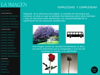 Depende de la estructura del objeto, la cantidad de elementos que
contiene, el modo en que se plantean las relaciones entre ellos (cantidad
y tipo de relaciones entre elementos) y la comprensibilidad de la
significación de las relaciones establecidas.
Una imagen puede ser sencilla formalmente, es decir,
con pocos elementos que la compongan y a la vez ser
compleja en cuanto a su significado
LA IMAGEN SIMPLICIDAD Y COMPLEJIDAD
Saber
más
C O N C E P T O
CARACTERÍSTICAS
ICONICIDAD Y ABSTRACCIÓN
MONOSEMIA Y POLISEMIA
SIMPLICIDAD Y COMPLEJIDAD
DENOTACIÓN Y CONNOTACIÓN
ORIGINALIDAD Y REDUNDANCIA
CLASIFICACIÓN
IMÁGENES FIGURATIVAS
IMÁGENES ABSTRACTAS
IMÁGENES SIMBÓLICAS
IMÁGENES MENTALES
IMÁGENES ESTÁTICAS
IMÁGENES DINÁMICAS
IMÁGENES GEOMÉTRICAS
IMÁGENES ORGÁNICAS
IMÁGENES BIDIMENSIONALES
IMÁGENES TRIDIMENSIONALES
FUNCIONES
INFORMATIVA
DESCRIPTIVA
ESTETICA
EXPRESIVA
EXHORTATIVA
 