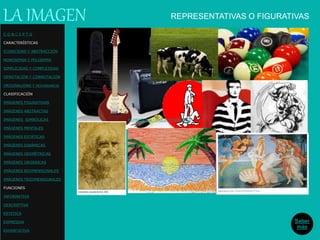 REPRESENTATIVAS O FIGURATIVASLA IMAGEN
Saber
más
REPRESENTATIVAS O FIGURATIVAS
C O N C E P T O
CARACTERÍSTICAS
ICONICIDAD Y ABSTRACCIÓN
MONOSEMIA Y POLISEMIA
SIMPLICIDAD Y COMPLEJIDAD
DENOTACIÓN Y CONNOTACIÓN
ORIGINALIDAD Y REDUNDANCIA
CLASIFICACIÓN
IMÁGENES FIGURATIVAS
IMÁGENES ABSTRACTAS
IMÁGENES SIMBÓLICAS
IMÁGENES MENTALES
IMÁGENES ESTÁTICAS
IMÁGENES DINÁMICAS
IMÁGENES GEOMÉTRICAS
IMÁGENES ORGÁNICAS
IMÁGENES BIDIMENSIONALES
IMÁGENES TRIDIMENSIONALES
FUNCIONES
INFORMATIVA
DESCRIPTIVA
ESTETICA
EXPRESIVA
EXHORTATIVA
 