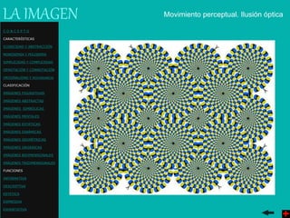 LA IMAGEN Movimiento perceptual. Ilusión óptica
C O N C E P T O
CARACTERÍSTICAS
ICONICIDAD Y ABSTRACCIÓN
MONOSEMIA Y POLISEMIA
SIMPLICIDAD Y COMPLEJIDAD
DENOTACIÓN Y CONNOTACIÓN
ORIGINALIDAD Y REDUNDANCIA
CLASIFICACIÓN
IMÁGENES FIGURATIVAS
IMÁGENES ABSTRACTAS
IMÁGENES SIMBÓLICAS
IMÁGENES MENTALES
IMÁGENES ESTÁTICAS
IMÁGENES DINÁMICAS
IMÁGENES GEOMÉTRICAS
IMÁGENES ORGÁNICAS
IMÁGENES BIDIMENSIONALES
IMÁGENES TRIDIMENSIONALES
FUNCIONES
INFORMATIVA
DESCRIPTIVA
ESTETICA
EXPRESIVA
EXHORTATIVA
 