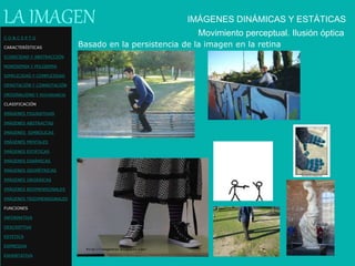 Basado en la persistencia de la imagen en la retina
LA IMAGEN
Movimiento perceptual. Ilusión ópticaC O N C E P T O
CARACTERÍSTICAS
ICONICIDAD Y ABSTRACCIÓN
MONOSEMIA Y POLISEMIA
SIMPLICIDAD Y COMPLEJIDAD
DENOTACIÓN Y CONNOTACIÓN
ORIGINALIDAD Y REDUNDANCIA
CLASIFICACIÓN
IMÁGENES FIGURATIVAS
IMÁGENES ABSTRACTAS
IMÁGENES SIMBÓLICAS
IMÁGENES MENTALES
IMÁGENES ESTÁTICAS
IMÁGENES DINÁMICAS
IMÁGENES GEOMÉTRICAS
IMÁGENES ORGÁNICAS
IMÁGENES BIDIMENSIONALES
IMÁGENES TRIDIMENSIONALES
FUNCIONES
INFORMATIVA
DESCRIPTIVA
ESTETICA
EXPRESIVA
EXHORTATIVA
IMÁGENES DINÁMICAS Y ESTÁTICAS
 