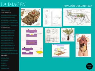 FUNCIÓN DESCRIPTIVALA IMAGEN
Saber
más
C O N C E P T O
CARACTERÍSTICAS
ICONICIDAD Y ABSTRACCIÓN
MONOSEMIA Y POLISEMIA
SIMPLICIDAD Y COMPLEJIDAD
DENOTACIÓN Y CONNOTACIÓN
ORIGINALIDAD Y REDUNDANCIA
CLASIFICACIÓN
IMÁGENES FIGURATIVAS
IMÁGENES ABSTRACTAS
IMÁGENES SIMBÓLICAS
IMÁGENES MENTALES
IMÁGENES ESTÁTICAS
IMÁGENES DINÁMICAS
IMÁGENES GEOMÉTRICAS
IMÁGENES ORGÁNICAS
IMÁGENES BIDIMENSIONALES
IMÁGENES TRIDIMENSIONALES
FUNCIONES
INFORMATIVA
DESCRIPTIVA
ESTETICA
EXPRESIVA
EXHORTATIVA
 