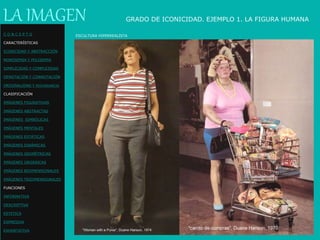 LA IMAGEN
ESCULTURA HIPERREALISTA
GRADO DE ICONICIDAD. EJEMPLO 1. LA FIGURA HUMANA
C O N C E P T O
CARACTERÍSTICAS
ICONICIDAD Y ABSTRACCIÓN
MONOSEMIA Y POLISEMIA
SIMPLICIDAD Y COMPLEJIDAD
DENOTACIÓN Y CONNOTACIÓN
ORIGINALIDAD Y REDUNDANCIA
CLASIFICACIÓN
IMÁGENES FIGURATIVAS
IMÁGENES ABSTRACTAS
IMÁGENES SIMBÓLICAS
IMÁGENES MENTALES
IMÁGENES ESTÁTICAS
IMÁGENES DINÁMICAS
IMÁGENES GEOMÉTRICAS
IMÁGENES ORGÁNICAS
IMÁGENES BIDIMENSIONALES
IMÁGENES TRIDIMENSIONALES
FUNCIONES
INFORMATIVA
DESCRIPTIVA
ESTETICA
EXPRESIVA
EXHORTATIVA
 