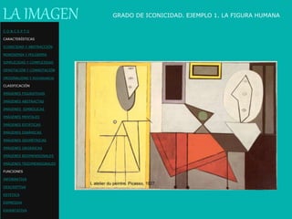 LA IMAGEN GRADO DE ICONICIDAD. EJEMPLO 1. LA FIGURA HUMANA
C O N C E P T O
CARACTERÍSTICAS
ICONICIDAD Y ABSTRACCIÓN
MONOSEMIA Y POLISEMIA
SIMPLICIDAD Y COMPLEJIDAD
DENOTACIÓN Y CONNOTACIÓN
ORIGINALIDAD Y REDUNDANCIA
CLASIFICACIÓN
IMÁGENES FIGURATIVAS
IMÁGENES ABSTRACTAS
IMÁGENES SIMBÓLICAS
IMÁGENES MENTALES
IMÁGENES ESTÁTICAS
IMÁGENES DINÁMICAS
IMÁGENES GEOMÉTRICAS
IMÁGENES ORGÁNICAS
IMÁGENES BIDIMENSIONALES
IMÁGENES TRIDIMENSIONALES
FUNCIONES
INFORMATIVA
DESCRIPTIVA
ESTETICA
EXPRESIVA
EXHORTATIVA
 