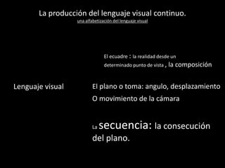 La producción del lenguaje visual continuo.
una alfabetización del lenguaje visual
Lenguaje visual
El ecuadre : la realidad desde un
determinado punto de vista , la composición
El plano o toma: angulo, desplazamiento
O movimiento de la cámara
La secuencia: la consecución
del plano.
 