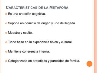 Características de la MetáforaEs una creación cognitiva.Supone un dominio de origen y uno de llegada.Muestra y oculta.Tiene base en la experiencia física y cultural.Mantiene coherencia interna.Categorizada en prototipos y parecidos de familia.