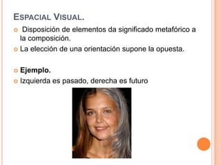 Espacial Visual. Disposición de elementos da significado metafórico a la composición.La elección de una orientación supone la opuesta.Ejemplo. Izquierda es pasado, derecha es futuro