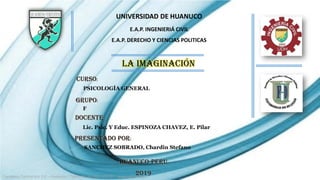 UNIVERSIDAD DE HUANUCO
E.A.P. INGENIERIÁ CIVIL
E.A.P. DERECHO Y CIENCIAS POLITICAS
Curso:
PSICOLOGÍA GENERAL
DOCENTE:
Lic. Psic. Y Educ. ESPINOZA CHAVEZ, E. Pilar
La imaginación
GRUPO:
F
Presentado por:
SANCHEZ SOBRADO, Chardin Stefano
Carretera Central km 2.6 – Huánuco / Teléfono: (51-62) 515151 / www.udh.edu.pe
Huanuco-peru
2019
 